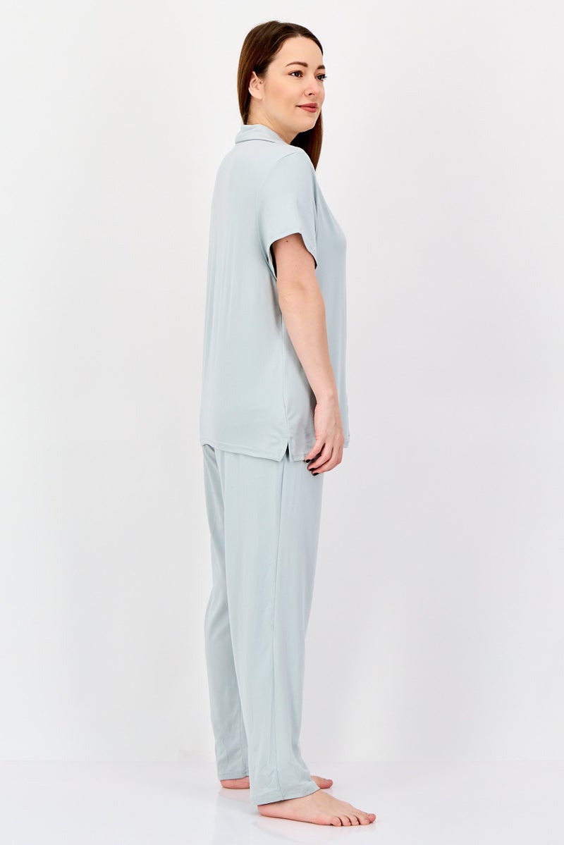 NINE WEST Women 2 Pieces Plain Top And Bottom Pajama Set, Light Grey - Image 4